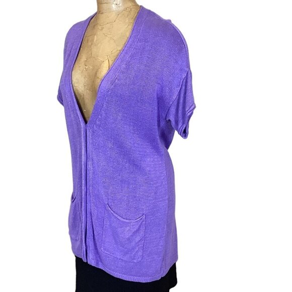 J Jill Longline Short Sleeve V-Neck Cardigan Sz M Purple Linen Rayon Bamboo 276H - Picture 4 of 9